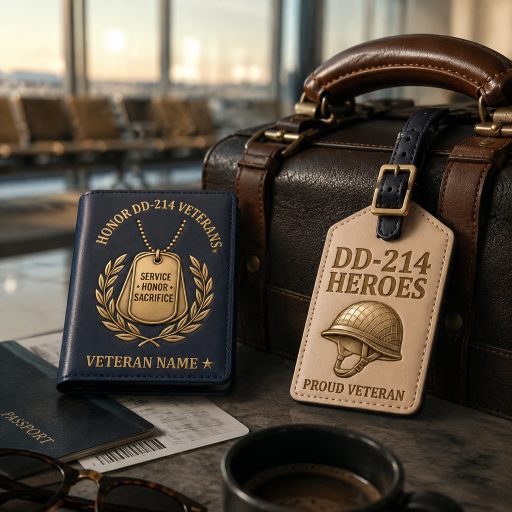 Personalized DD-214 Veterans Custom Leather Passport Cover & Luggage Tag Set