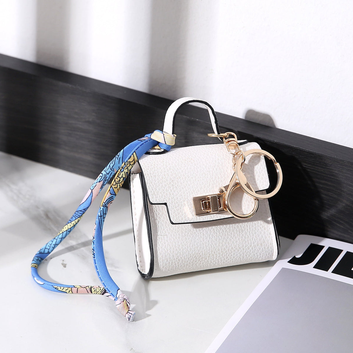 Vintage Twist Lock Mini Leather Bag Charm, Luxury Airpod Pouch Coin Purse with Silk Scarf Ribbon, Designer Tiny Keychain Wallet for Handbag