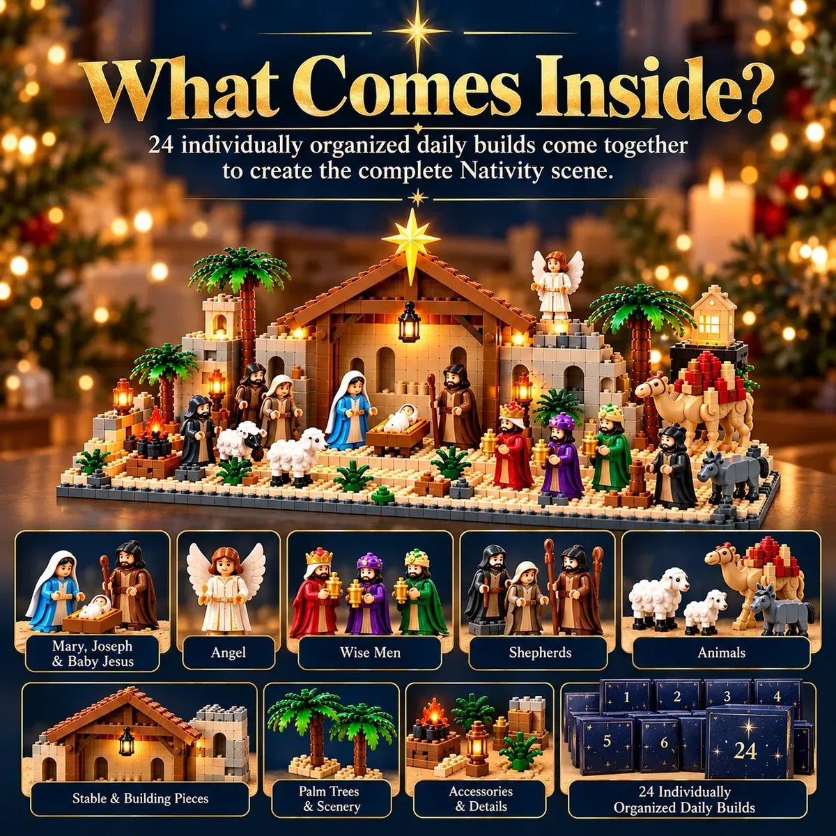 ⛪Last Day 50% OFF✝️Nativity Advent Calendar – 24-Day Buildable Christmas Nativity Set-without Light-emitting Device