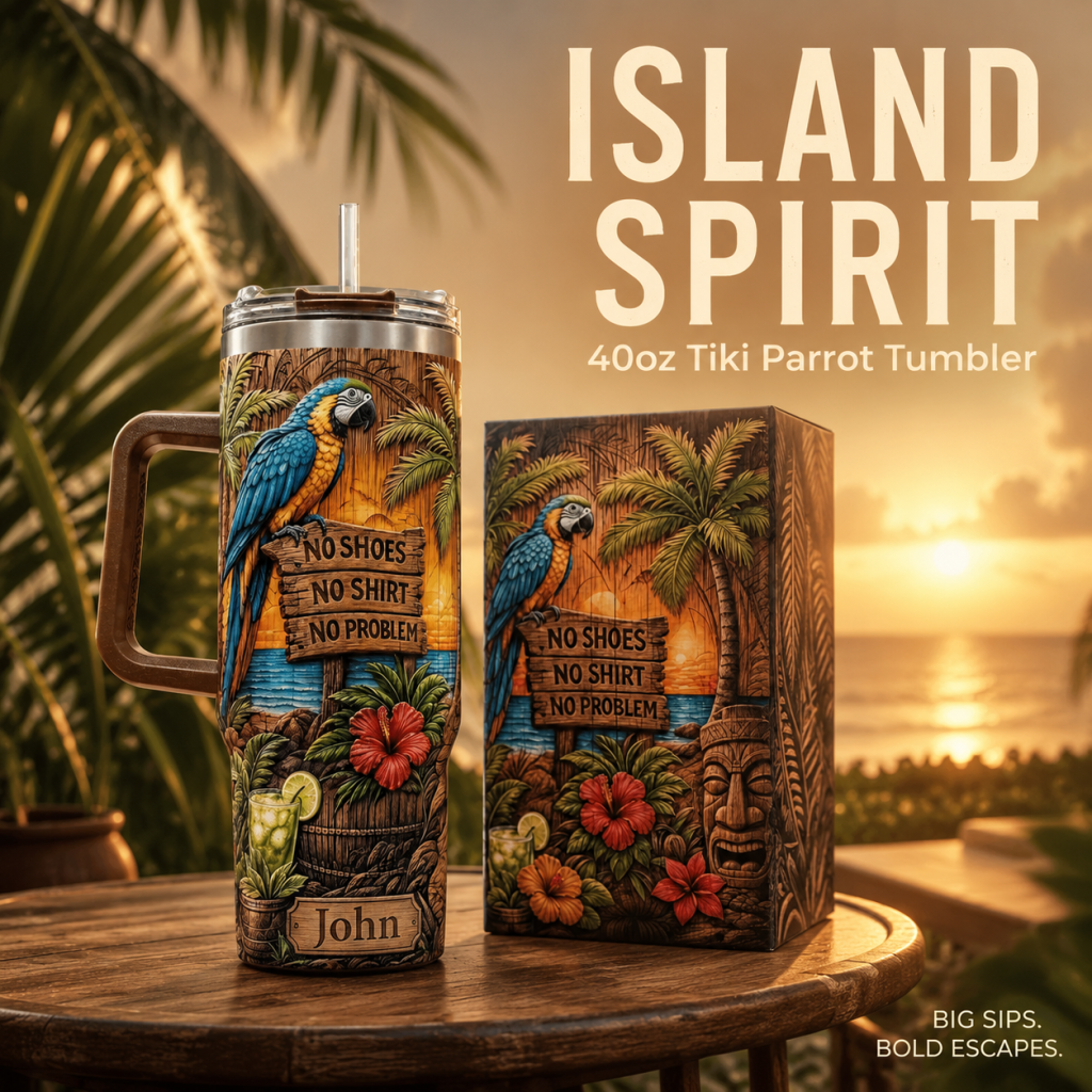 Personalized Tiki Life 40oz Tumbler 🦜 Custom Name Tropical Gift 🌺