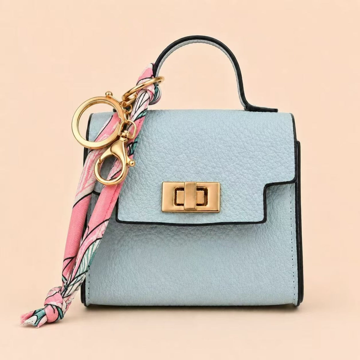 Vintage Twist Lock Mini Leather Bag Charm, Luxury Airpod Pouch Coin Purse with Silk Scarf Ribbon, Designer Tiny Keychain Wallet for Handbag