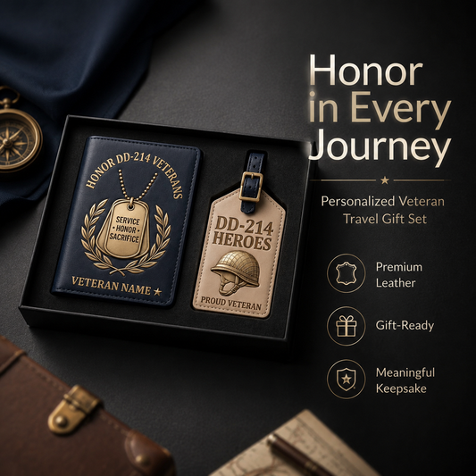 Personalized DD-214 Veterans Leather Passport Cover & Luggage Tag Set
