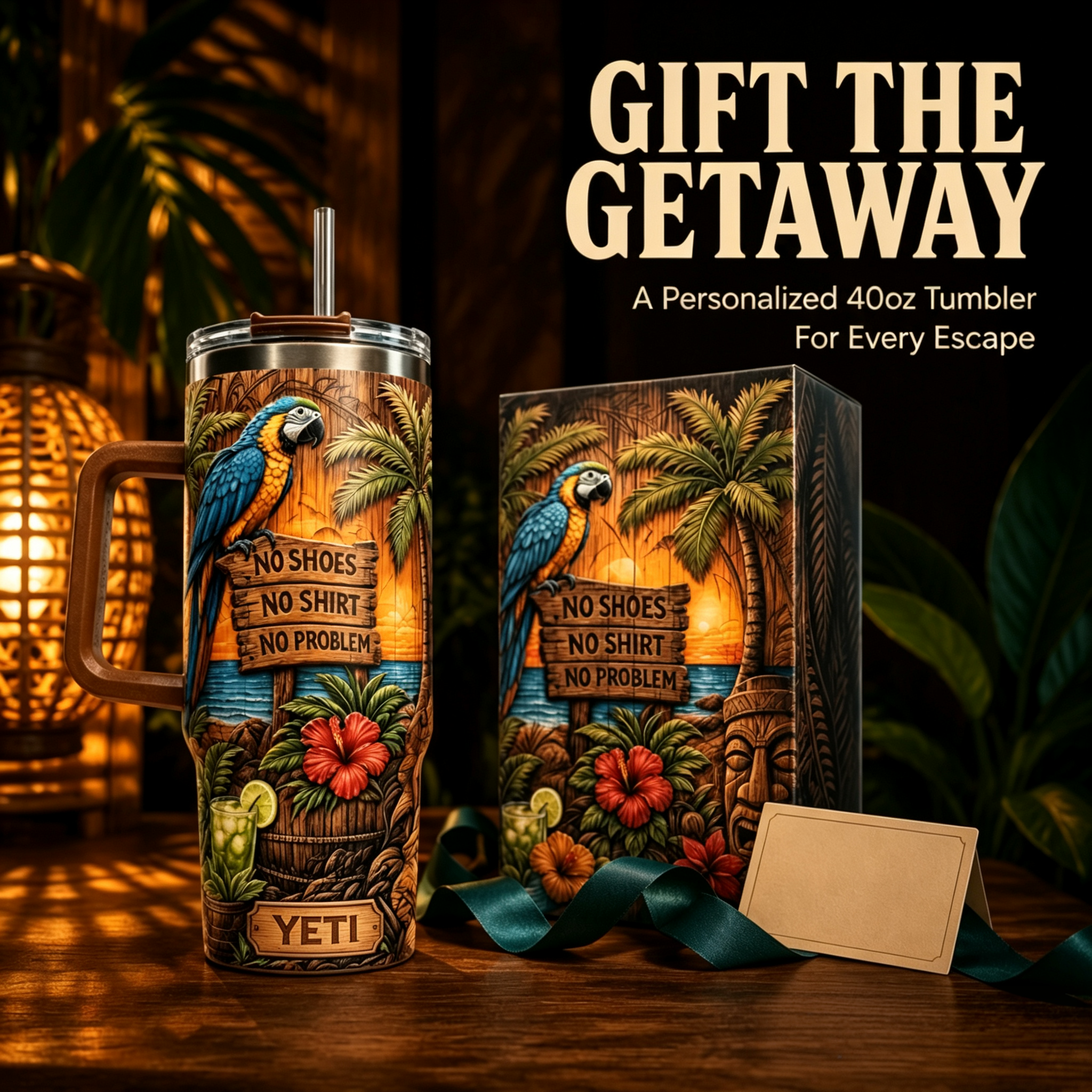 Personalized Tiki Life 40oz Tumbler 🦜 Custom Name Tropical Gift 🌺