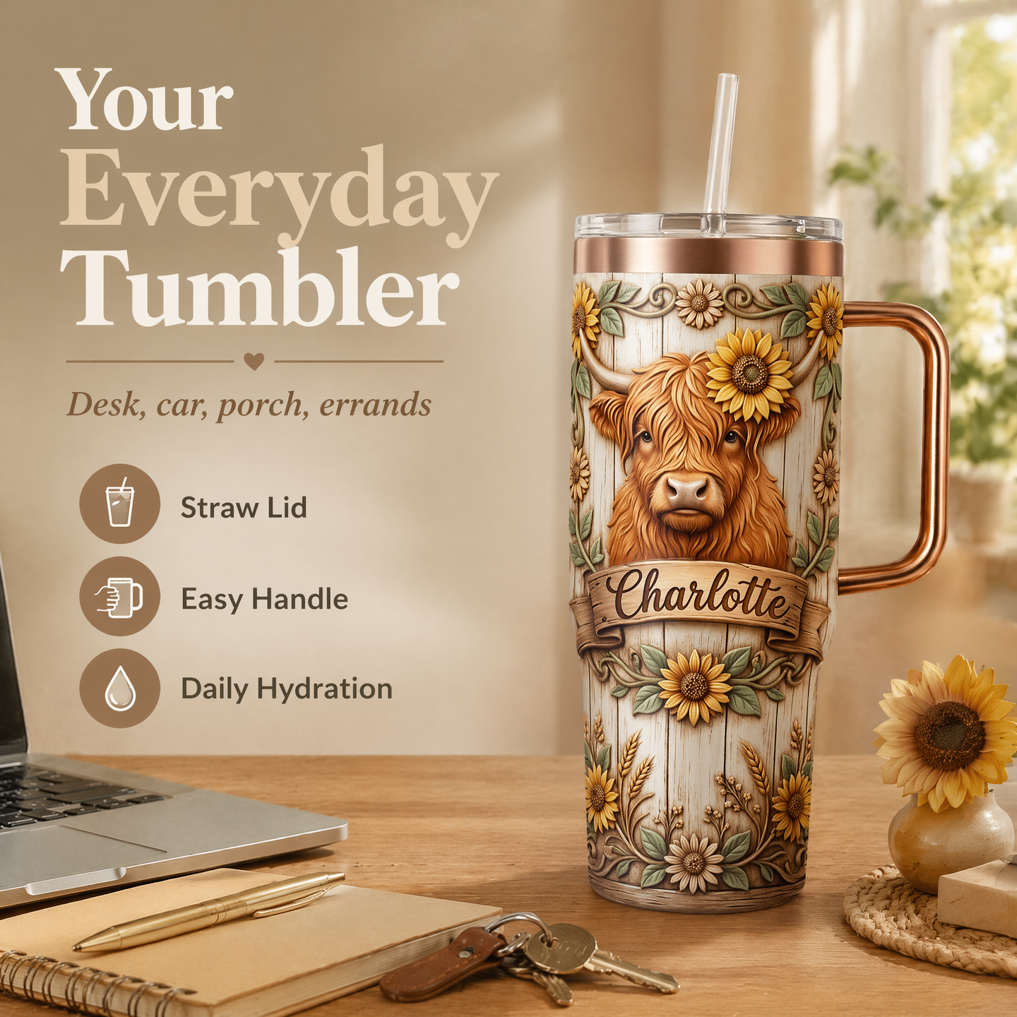 Personalized 30oz/40oz Highland Cow & Sunflower Tumbler | Custom Name Rustic Faux-Wood Engraved Look  🌻🤎
