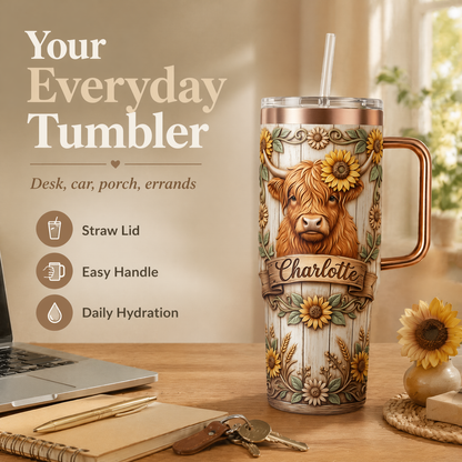 Personalized 30oz/40oz Highland Cow & Sunflower Tumbler | Custom Name Rustic Faux-Wood Engraved Look  🌻🤎