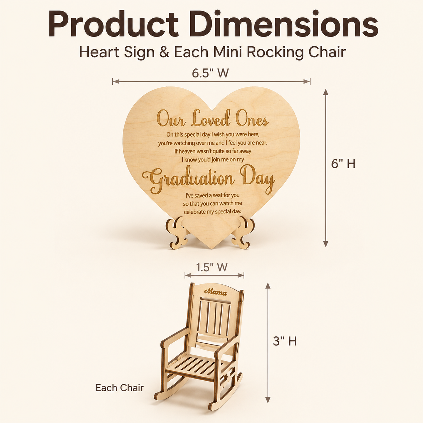 "Save a Seat" Personalized Graduation Memorial Set - Custom Wooden Rocking Chairs & Heart Sign