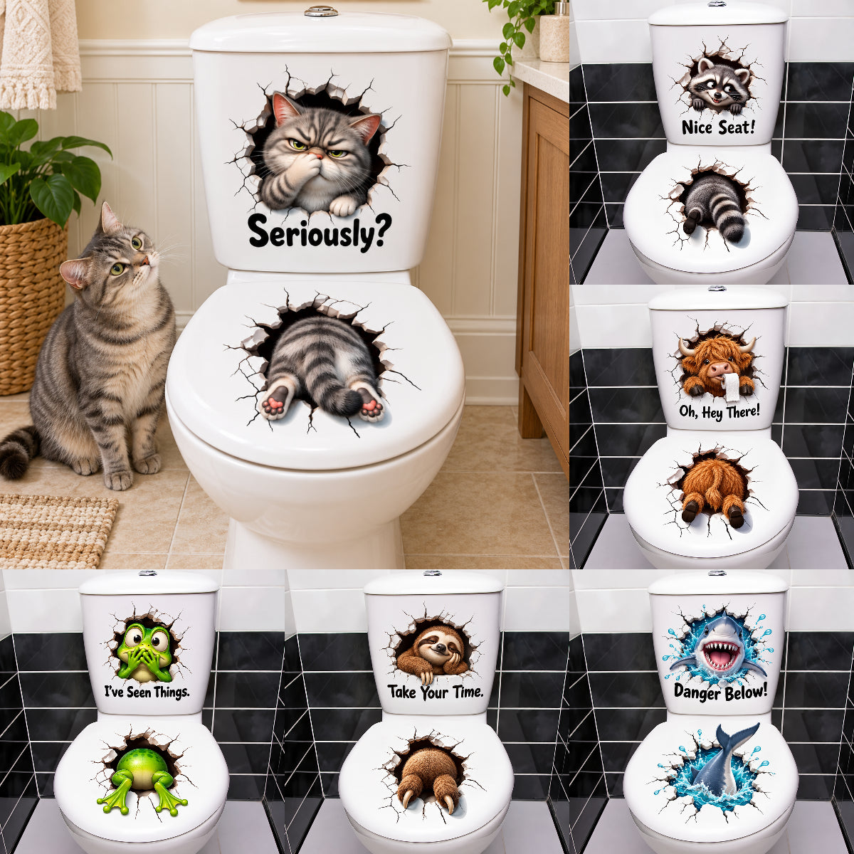 😂 Bathroom Buddies – Funny 3D Illusion Toilet Sticker Set