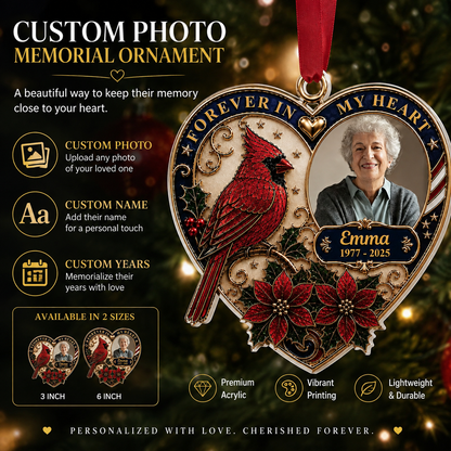 🕊️ Personalized "Forever In My Heart" Cardinal Memorial Ornament | Custom Photo, Name &Dates ❤️