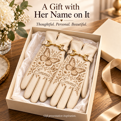 ✨ Personalized Elegance: Custom Engraved Leather Gloves with Gold Accent ✨