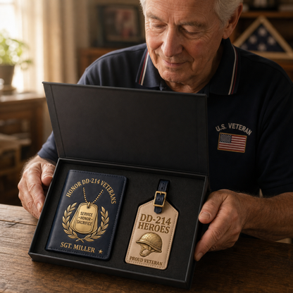 Personalized DD-214 Veterans Custom Leather Passport Cover & Luggage Tag Set
