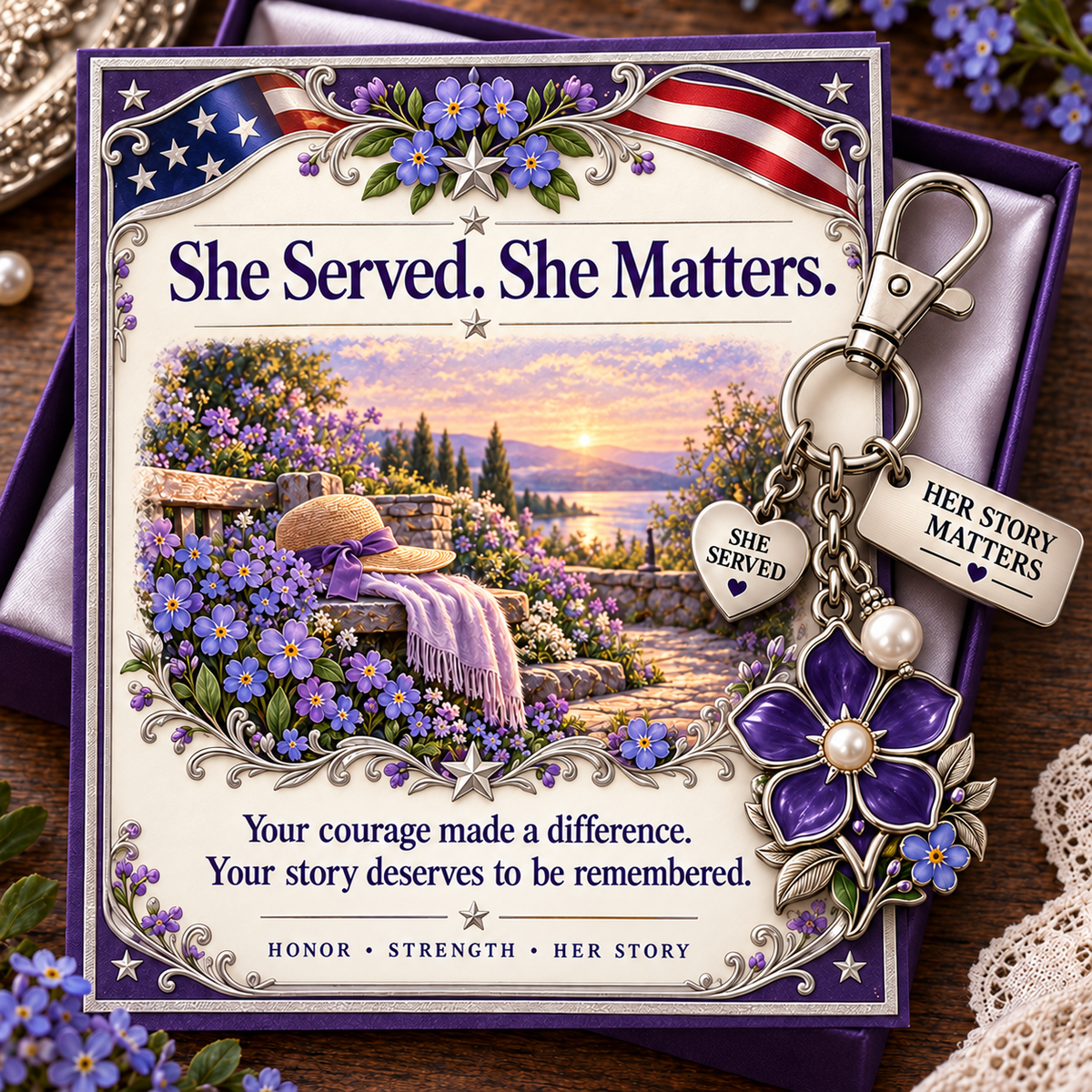 💜 She Served. She Matters. | Purple Forget-Me-Not Keychain & Message Card for Women Veterans