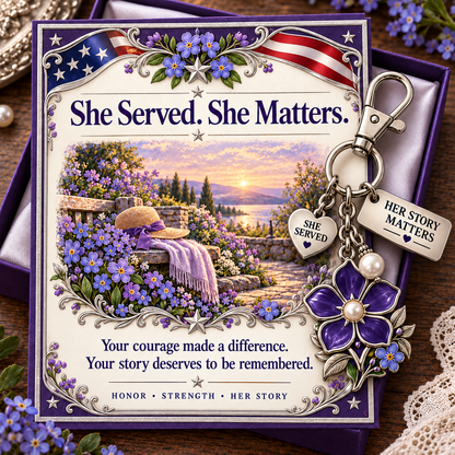 💜 She Served. She Matters. | Purple Forget-Me-Not Keychain & Message Card for Women Veterans