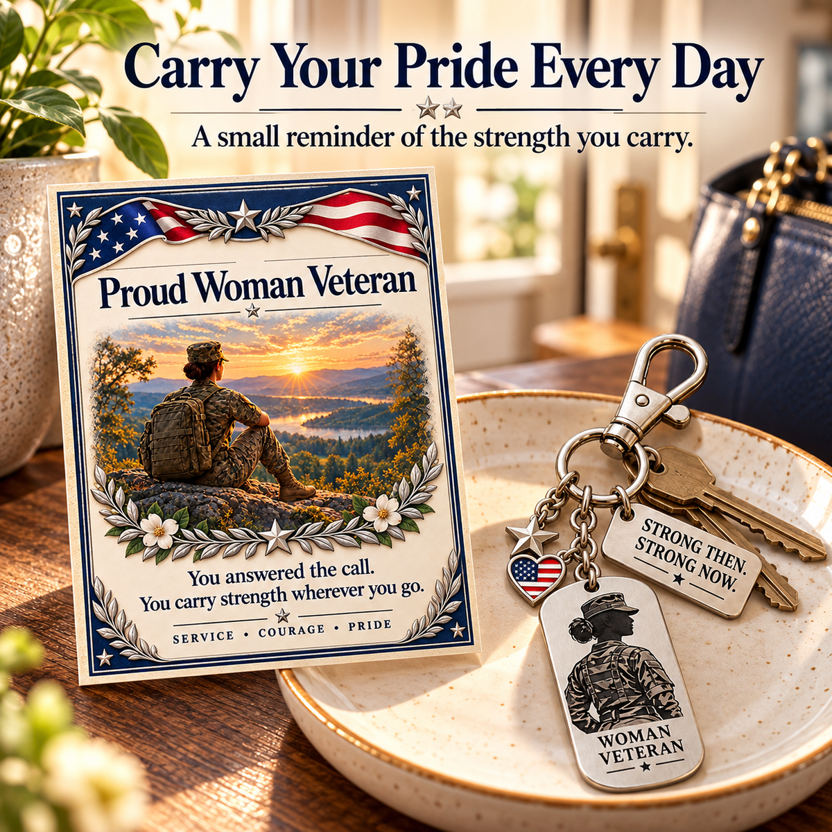 🇺🇸 Proud Woman Veteran Keychain & Message Card