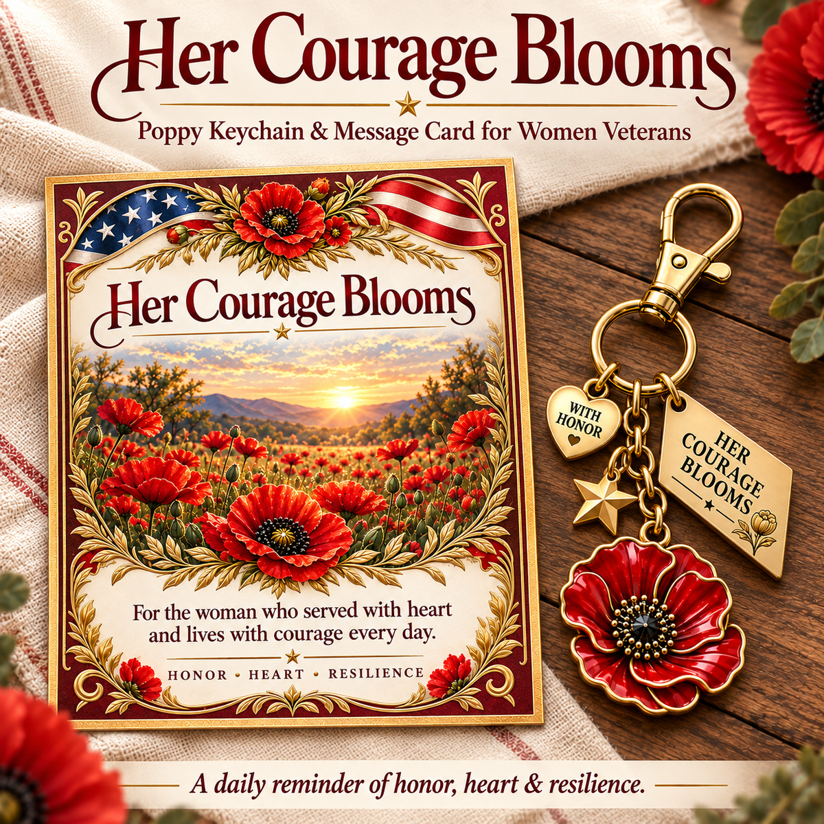 Her Courage Blooms🌺 |  Poppy Keychain & Message Card for Women Veterans