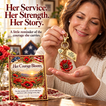 Her Courage Blooms🌺 |  Poppy Keychain & Message Card for Women Veterans