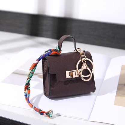 Vintage Twist Lock Mini Leather Bag Charm, Luxury Airpod Pouch Coin Purse with Silk Scarf Ribbon, Designer Tiny Keychain Wallet for Handbag