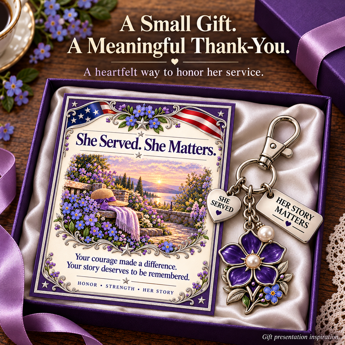 💜 She Served. She Matters. | Purple Forget-Me-Not Keychain & Message Card for Women Veterans