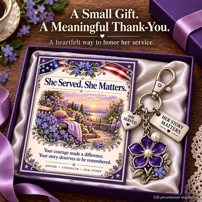 💜 She Served. She Matters. | Purple Forget-Me-Not Keychain & Message Card for Women Veterans