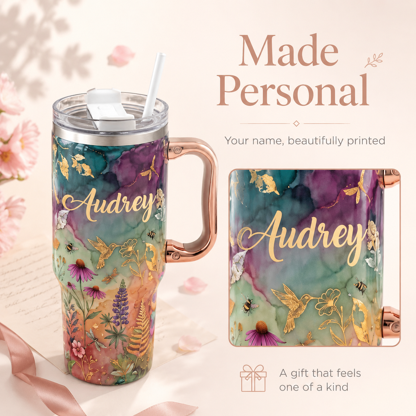 🌸✨Personalized Enchanted Garden Tumbler | Custom Name Gold Botanical & Hummingbird Design with Rose Gold Handle (30 oz/40 oz)