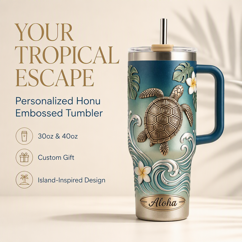 🌺 Personalized "Honu" Embossed Tumbler | Your Custom Tropical Escape (30oz/40oz)