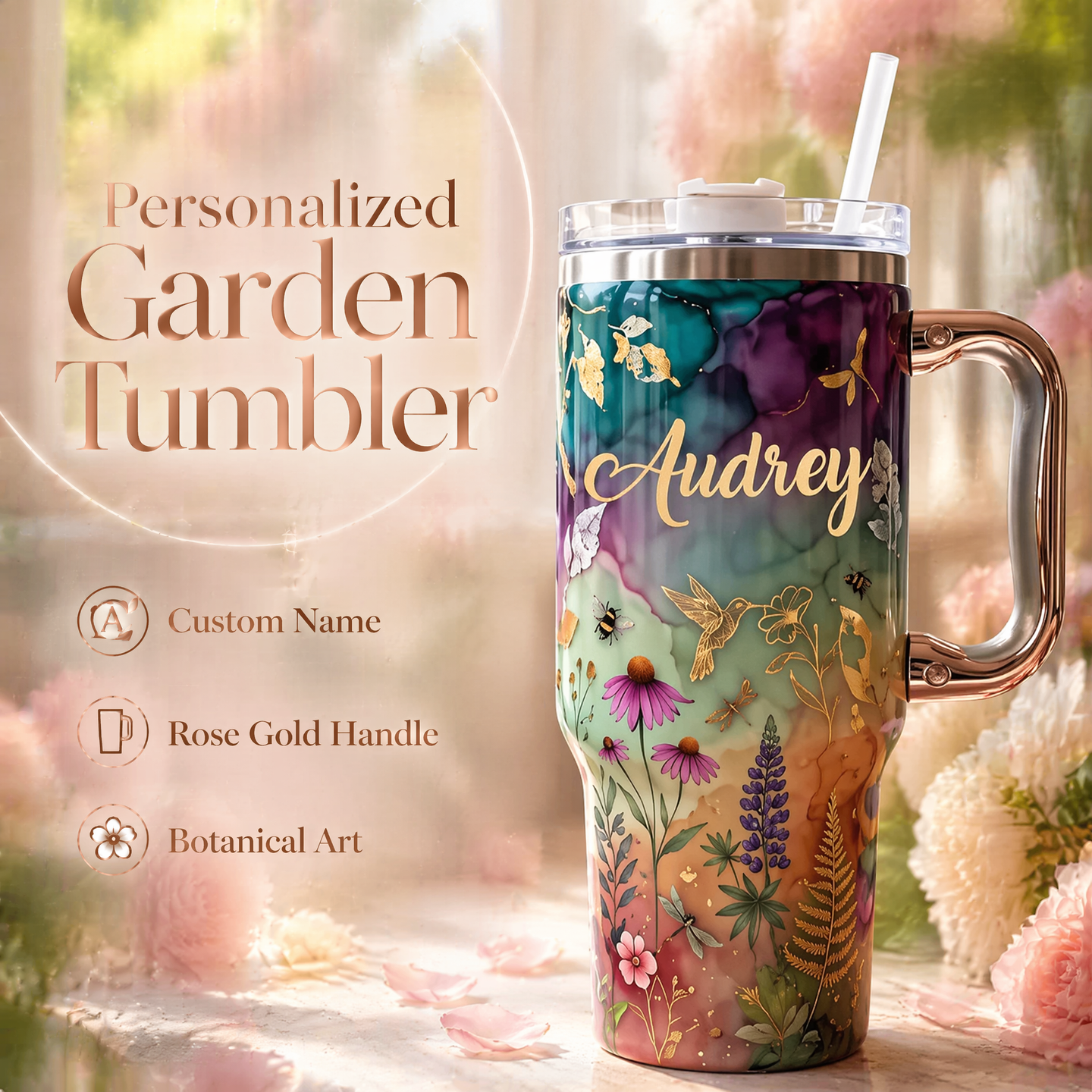 🌸✨Personalized Enchanted Garden Tumbler | Custom Name Gold Botanical & Hummingbird Design with Rose Gold Handle (30 oz/40 oz)