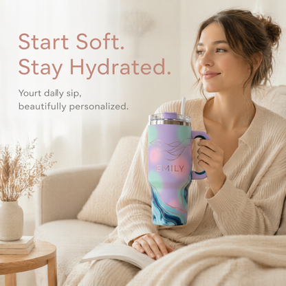 Personalized 30oz/40oz Pastel Dream Tumbler | Custom Name Ethereal Gradient Rose Gold Line Art | Insulated Travel Mug