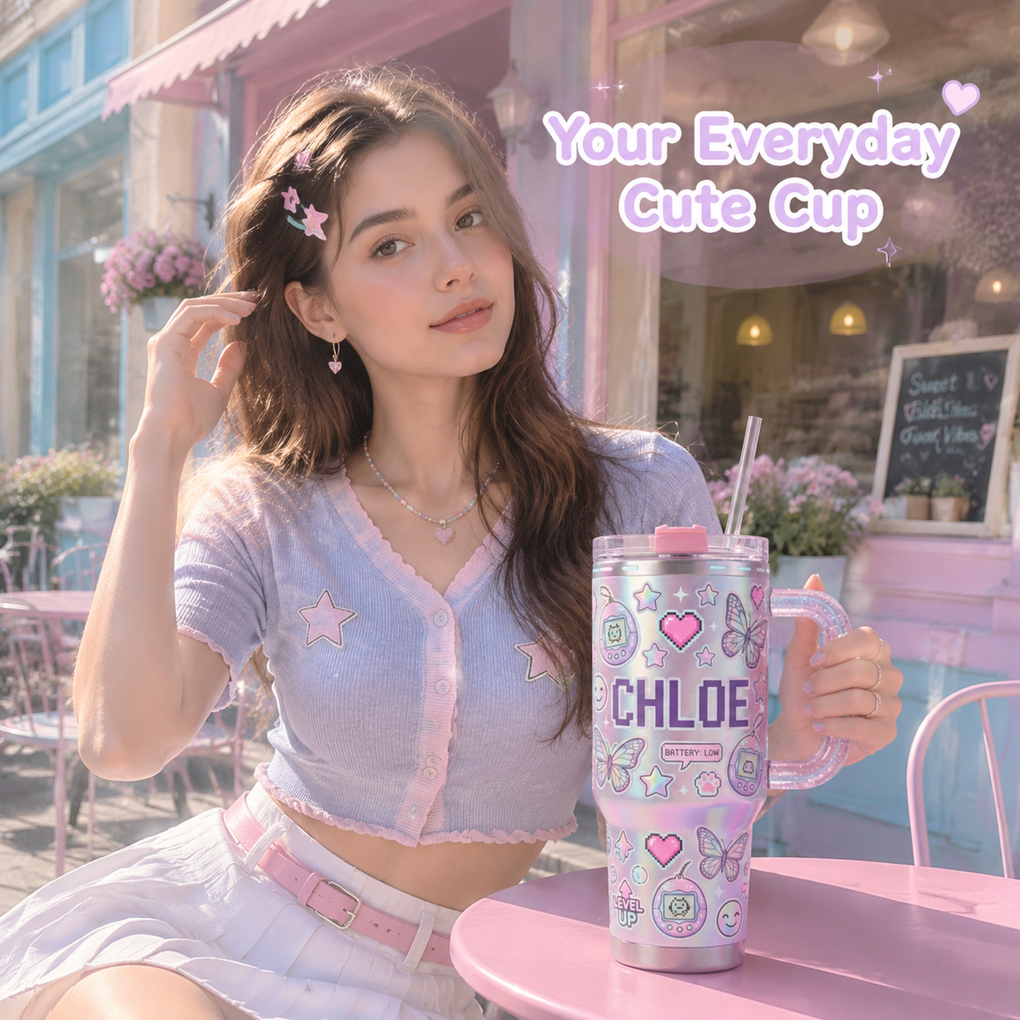 👾✨Personalized Y2K Cyber Aesthetic Tumbler | Custom Pixel Name Holographic Gamer Cup with Glitter Handle (30 oz/ 40 oz)