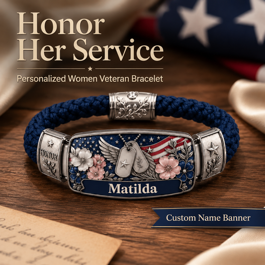 Personalized Women Veteran Bracelet | Custom Name Patriot Dog Tag ; Floral Braided Cord Keepsake