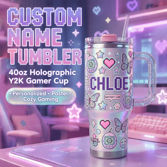 👾✨Personalized Y2K Cyber Aesthetic Tumbler | Custom Pixel Name Holographic Gamer Cup with Glitter Handle (30 oz/ 40 oz)