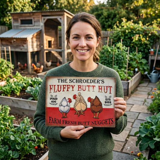 🐔 Personalized "Fluffy Butt Hut" Farm Sign – Spoiled Hens & Rustic Charm