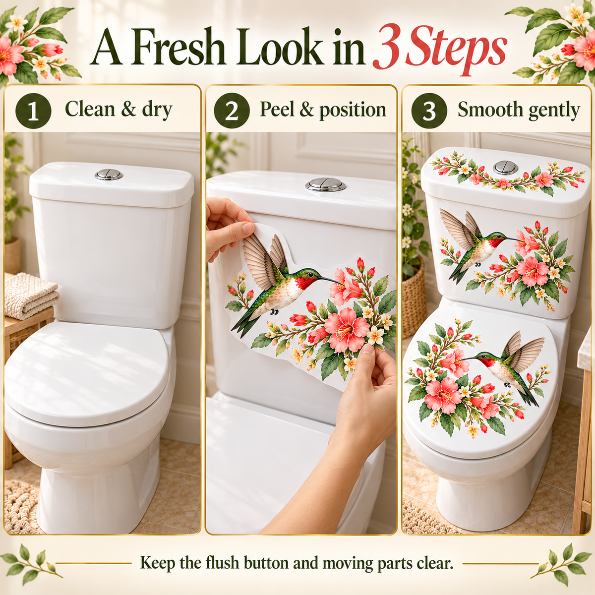 Last Day 50% OFF-Only$12.99🎁 Nature's Melody 3-Piece Floral & Bird Toilet Decal Set 🌸🐦 | Instant Bathroom Makeover