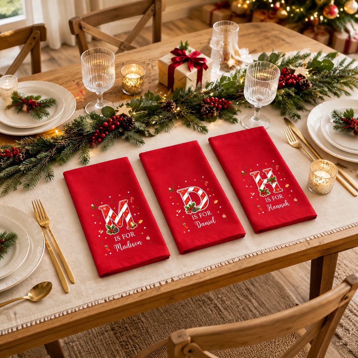 🎄 Personalized Candy Cane Initial Christmas Napkins | Custom Name Holiday Table Decor & Hostess Gift 🎅