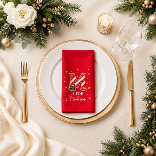 🎄 Personalized Candy Cane Initial Christmas Napkins | Custom Name Holiday Table Decor & Hostess Gift 🎅