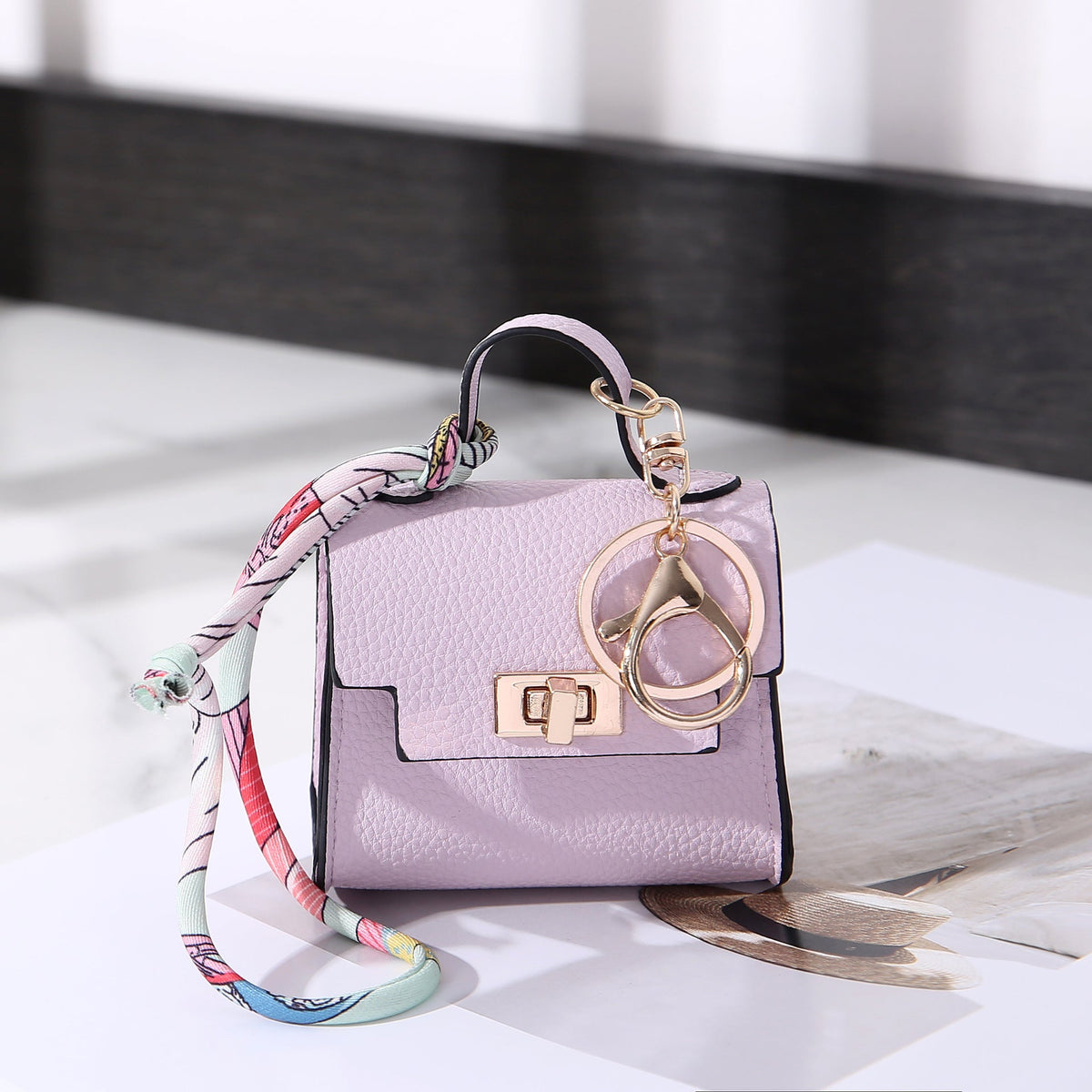 Vintage Twist Lock Mini Leather Bag Charm, Luxury Airpod Pouch Coin Purse with Silk Scarf Ribbon, Designer Tiny Keychain Wallet for Handbag