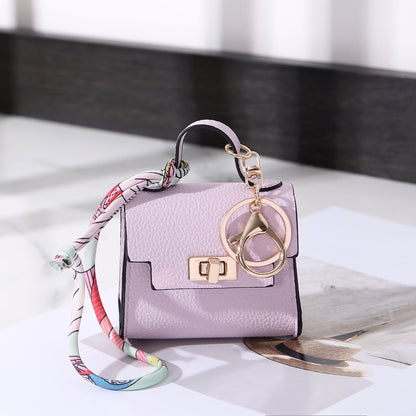 Vintage Twist Lock Mini Leather Bag Charm, Luxury Airpod Pouch Coin Purse with Silk Scarf Ribbon, Designer Tiny Keychain Wallet for Handbag