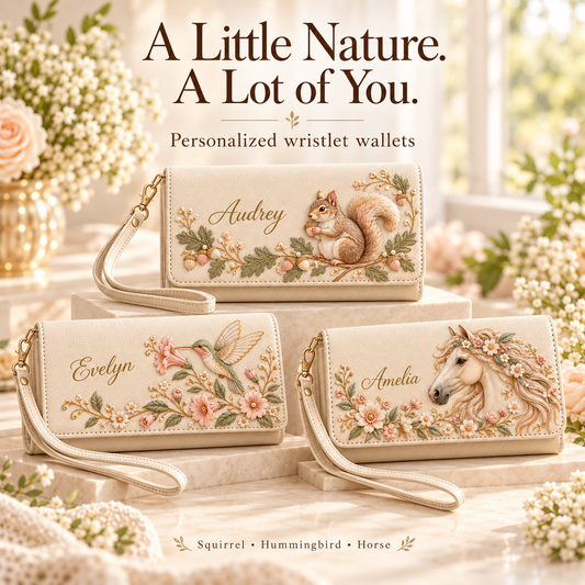 ✨ Custom Name "Flora & Fauna"  Embossed Wristlet Wallet | Personalized Everyday Purse