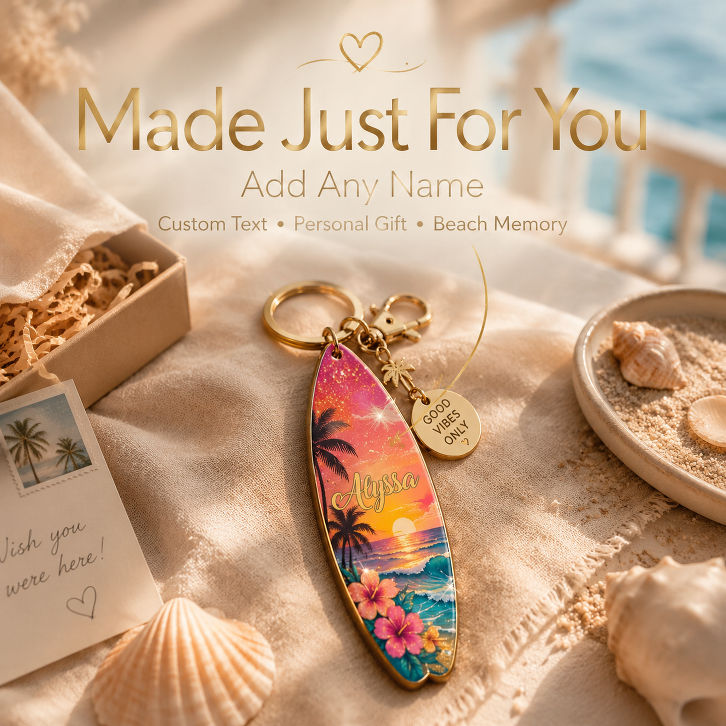 🌅🌴Personalized Tropical Sunset Surfboard Keychain | Custom Name Beach Bag Charm | "Good Vibes Only"