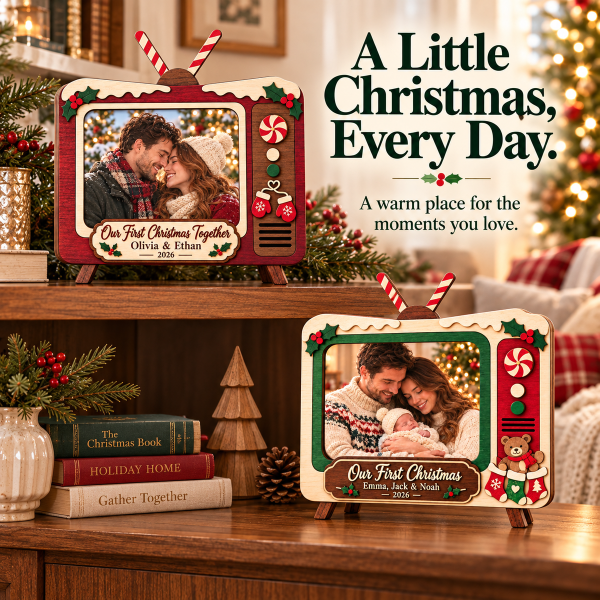 📺 Personalized Retro TV Christmas Photo Frame | Custom Names, Year & Milestone Wooden Keepsake 🎄
