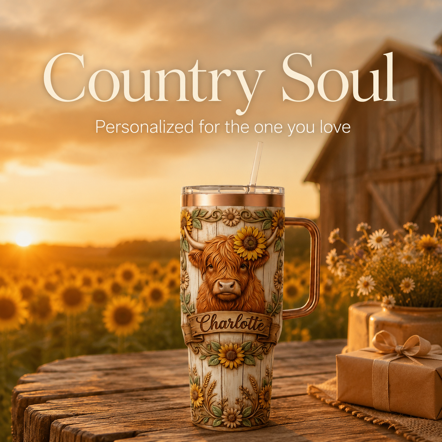 Personalized 30oz/40oz Highland Cow & Sunflower Tumbler | Custom Name Rustic Faux-Wood Engraved Look  🌻🤎
