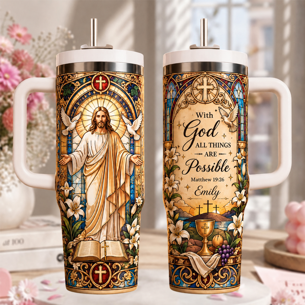 ✨ Personalized Stained Glass Jesus Tumbler | "With God All Things Are Possible" Custom Name Cup | 30oz &40oz 🎁