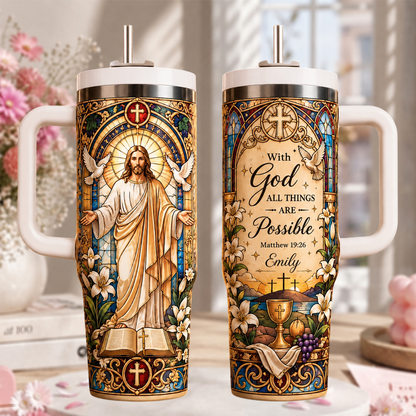 ✨ Personalized Stained Glass Jesus Tumbler | "With God All Things Are Possible" Custom Name Cup | 30oz &40oz 🎁