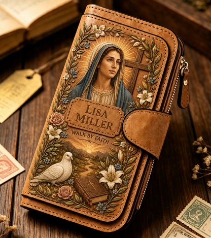 Personalized "Walk By Faith" Vintage Leather Clutch Wallet 🕊️ | Jesus & Mary Editions