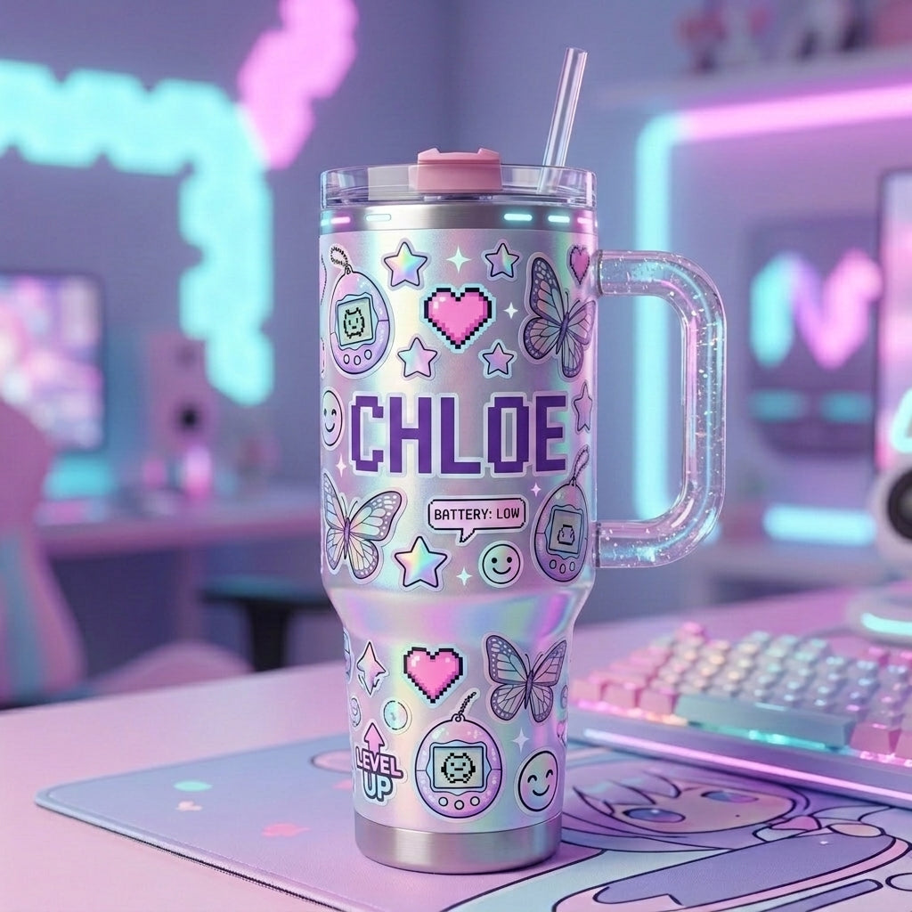 👾✨Personalized Y2K Cyber Aesthetic Tumbler | Custom Pixel Name Holographic Gamer Cup with Glitter Handle (30 oz/ 40 oz)