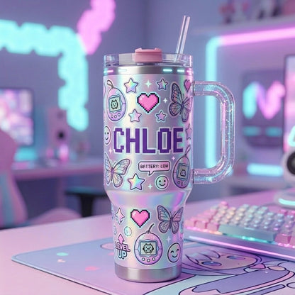 👾✨Personalized Y2K Cyber Aesthetic Tumbler | Custom Pixel Name Holographic Gamer Cup with Glitter Handle (30 oz/ 40 oz)