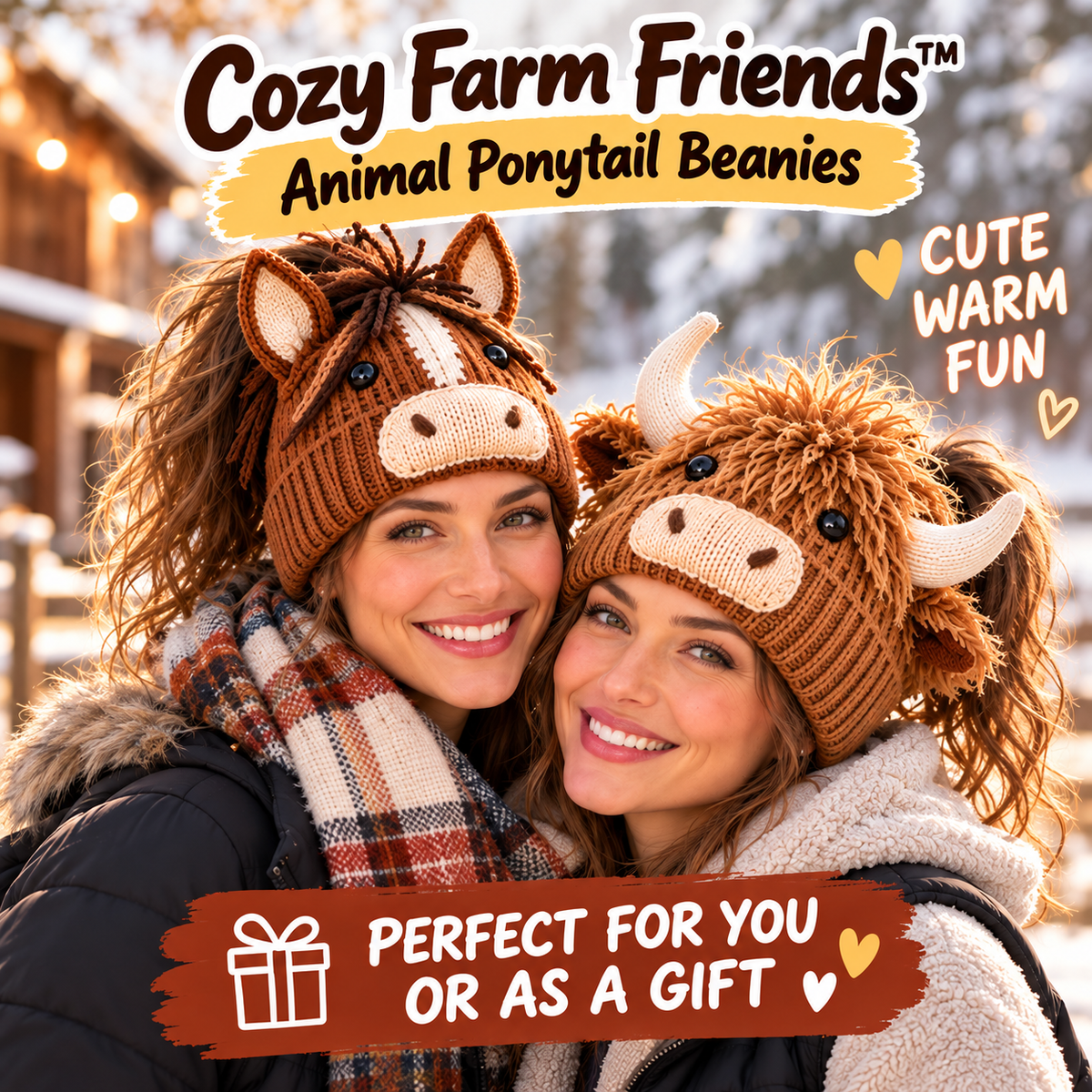 Cozy Farm Friends Highland Cow & Horse Ponytail Beanie