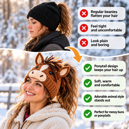 Cozy Farm Friends Highland Cow & Horse Ponytail Beanie