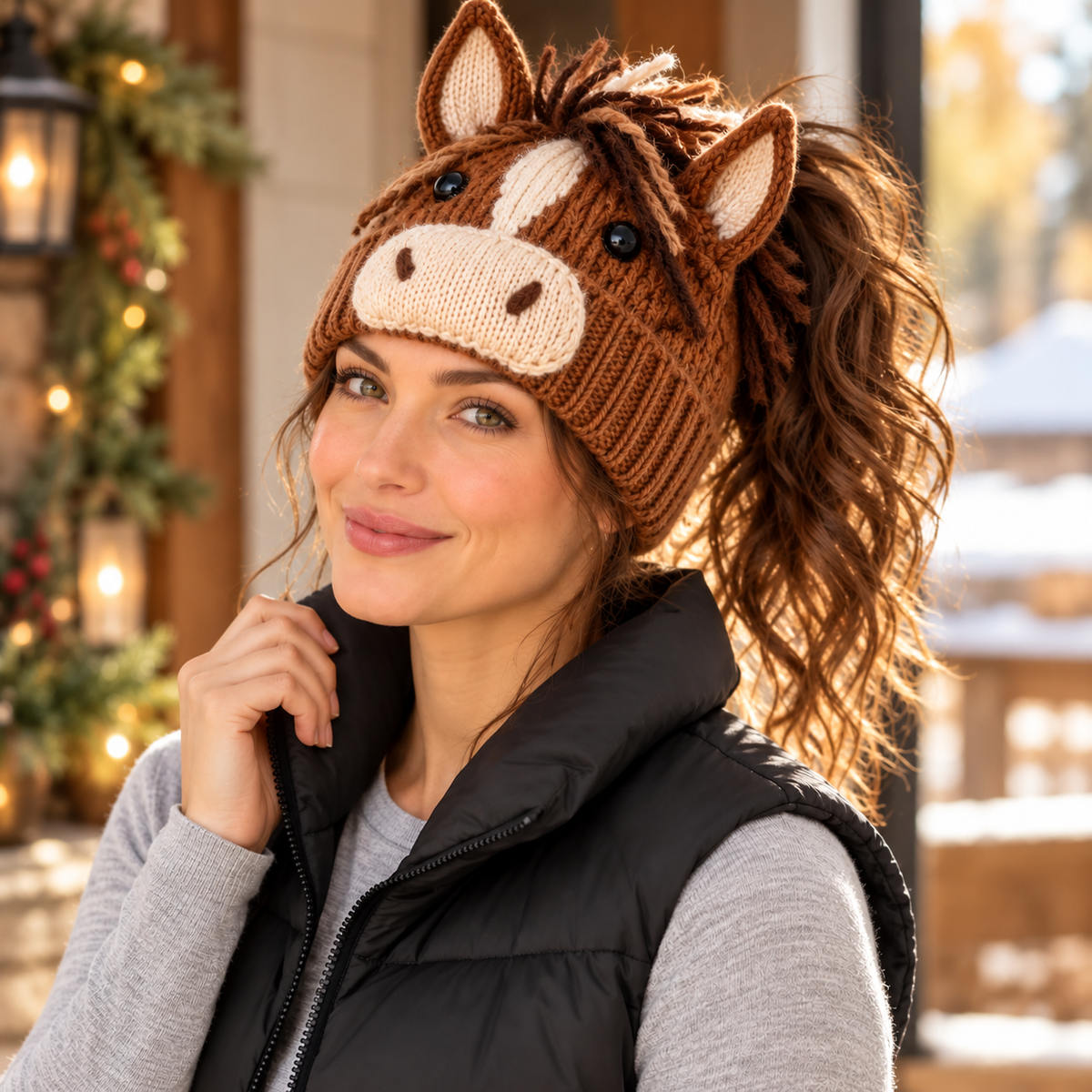 Cozy Farm Friends Highland Cow & Horse Ponytail Beanie