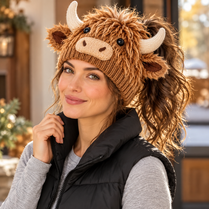 Cozy Farm Friends Highland Cow & Horse Ponytail Beanie