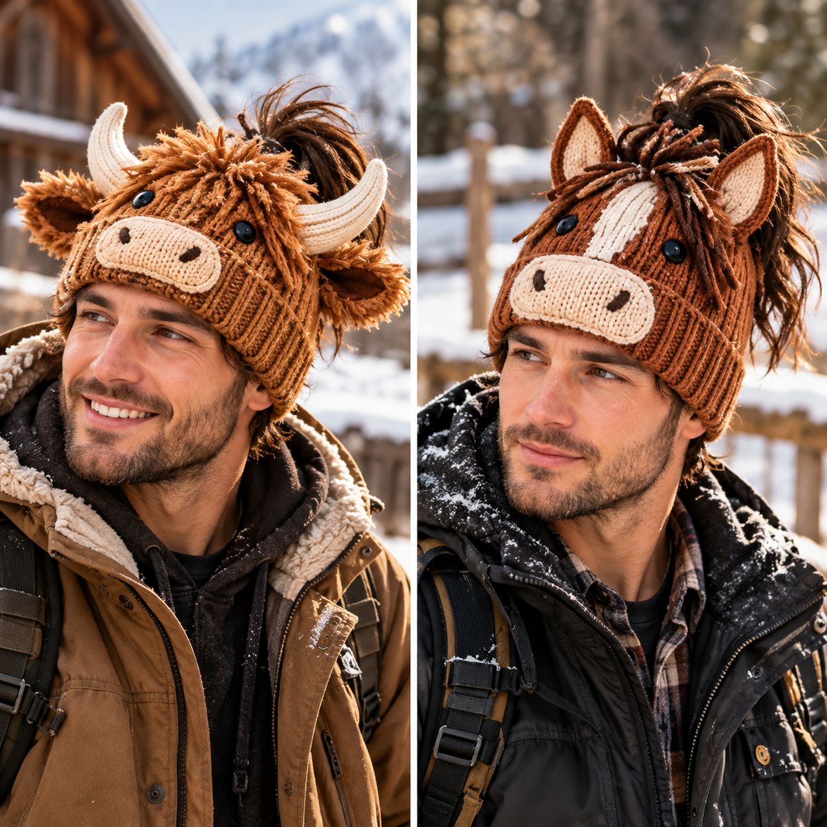 Cozy Farm Friends Highland Cow & Horse Ponytail Beanie