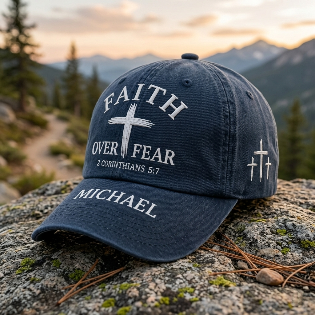 Faith Over Fear Christian Custom Name Hat – 2 Corinthians 5:7